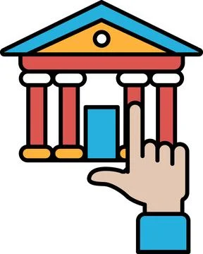 A hand is pointing at a building with red, yellow, and blue pillars Stock Illustration