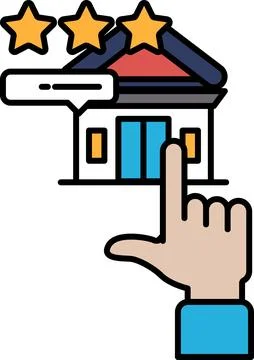 A hand pointing at a building with three stars on it Ilustración de archivo