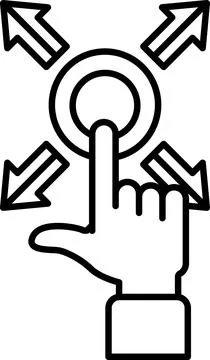 A hand pointing to a button with arrows pointing in different directions Stock Illustration