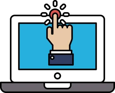 A hand pointing to a button on a laptop screen Stock Illustration