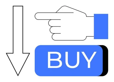 Hand Pointing at Buy Button with Downward Arrow Indicating Purchase Action Stock Illustration
