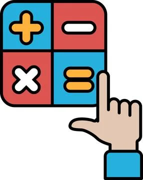 A hand pointing at a calculator with the numbers 1, 2, 3, 4, 5, 6, 7, 8, 9 Stock Illustration