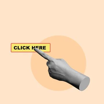 Hand pointing on click here button on pastel background Stock Photos