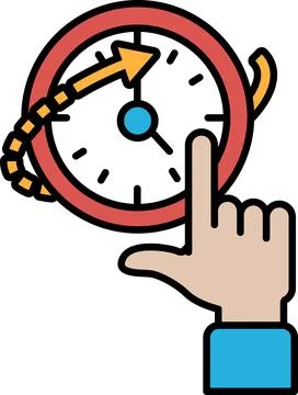 A hand pointing at a clock with the hands on the numbers 1 and 5 Stock Illustration