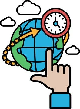 A hand pointing at a clock that is set to 12:00 イラスト素材