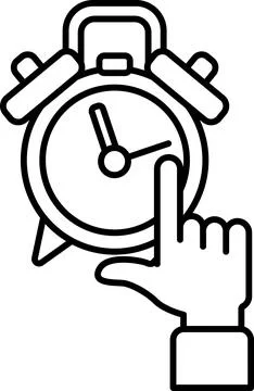 A hand is pointing at a clock that is set to the time of 10:00 Stock Illustration