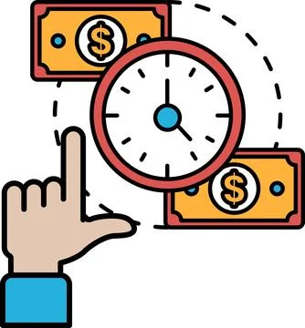 A hand pointing at a clock with two dollar bills in the background Stock Illustration