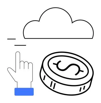 Hand pointing with coin and cloud indicating online financial technology and 스톡 일러스트