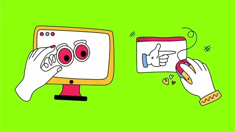 Hand pointing at computer screen with funny eyeball sticker prank Stock Footage 331578948