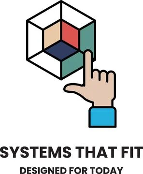 A hand pointing at a cube with the words systems that fit designed for today イラスト素材