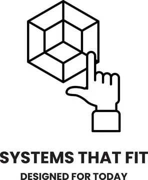 A hand pointing at a cube with the words systems that fit designed for today 스톡 일러스트