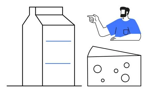 Hand pointing at dairy products including milk carton and cheese slice Stock Illustration