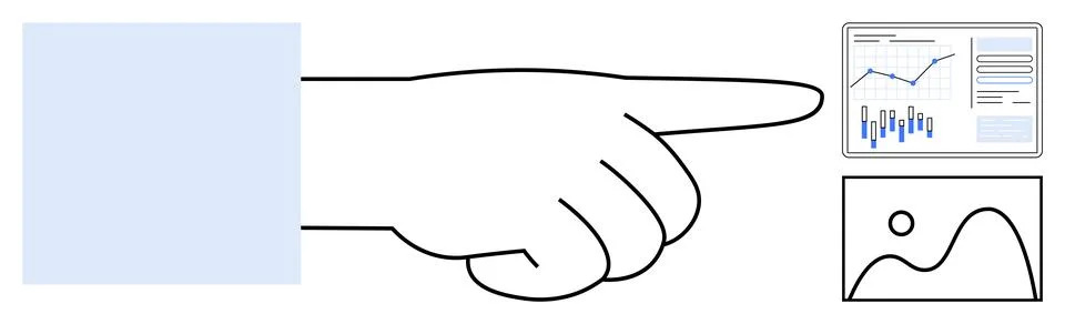 Hand pointing at data charts with graphs and bar charts. Ideal for business s Stock Illustration