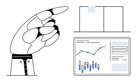 Hand pointing at data charts on screen indicating analysis and decision-makin イラスト素材