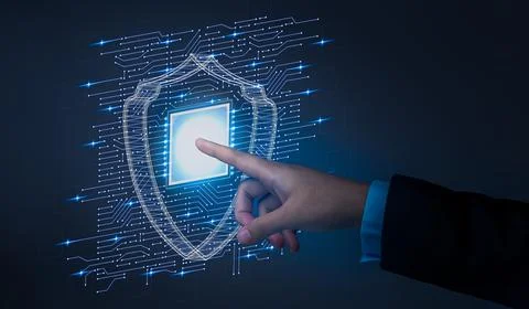 Hand pointing to data security system, Shield protection concept. Stock Photos