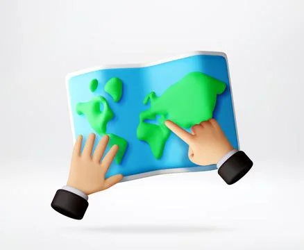 Hand pointing at destination on 3D world map. Stock Illustration