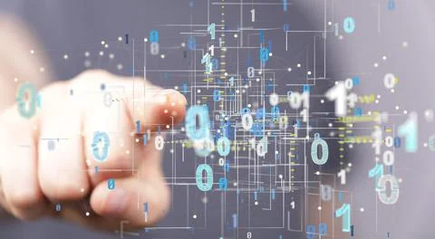 A hand pointing into a digital binary codes- concept for futuristic wave and  Stock Photos