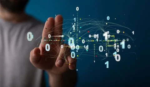Hand pointing to digital binary codes - the concept of lines and futuristic data Stock Photos
