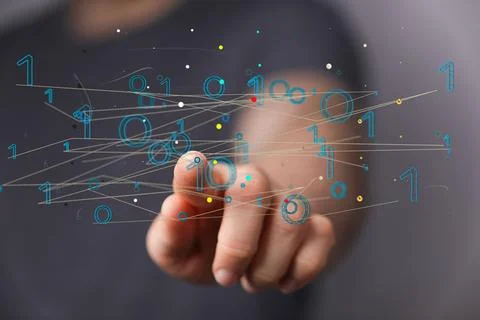 Hand pointing to digital binary codes - the concept of lines and futuristic data Stock Photos