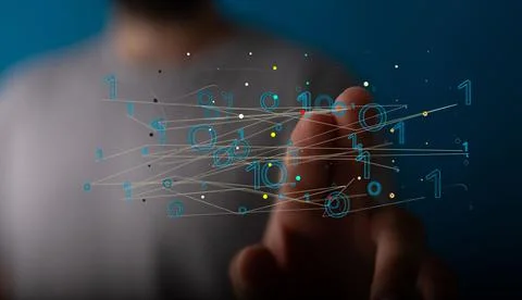 Hand pointing to digital binary codes - the concept of lines and futuristic data Stockfoto's