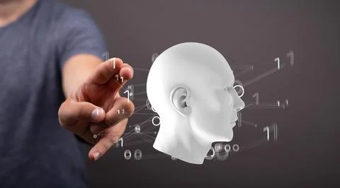 Hand pointing at a digital human head connected to numbers - an artificial Foto stock