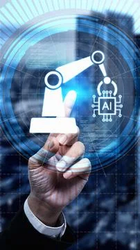 Hand pointing at a digital interface showing a robotic arm and AI chip icon.. Stock Photos