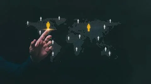 Hand pointing at digital world map with icons and people Stock Photos