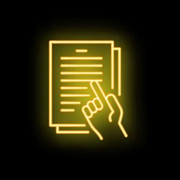 Hand pointing at document neon sign on black background Stock Illustration