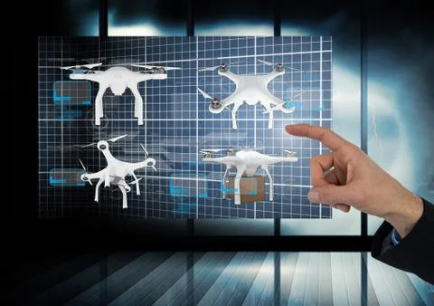 Hand pointing at Drones Dark App Interface Stock Photos