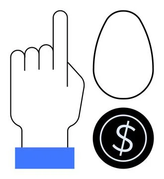 Hand pointing with egg and coin symbolizing decision-making and financial Stock Illustration