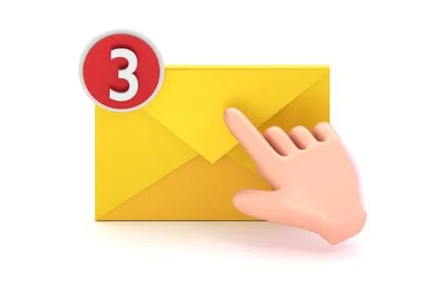 Hand pointing in email envelope with notification 3D render Illustrazione stock