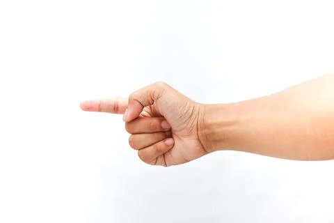 Hand pointing finger on a pristine white background: Directing attention Stock Photos