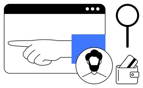 Hand with pointing finger, user profile emblem, magnifying glass, and wallet  스톡 일러스트