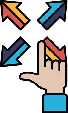 A hand pointing to a four-pointed arrow Stock Illustration