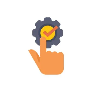 Hand pointing at gear with check mark icon for completed task Stock Illustration