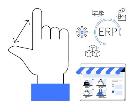 Hand Pointing Gesture with ERP System Elements and Online Shopping Store In.. イラスト素材