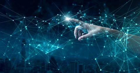 Hand of pointing global network connection and data exchanges worldwide. 库存照片