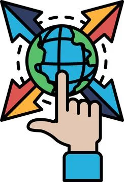 A hand pointing at a globe with arrows pointing in different directions 스톡 일러스트