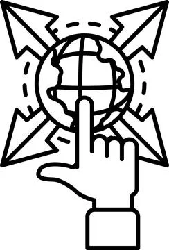 A hand pointing at a globe with arrows surrounding it Illustrazione stock