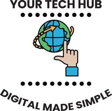 A hand pointing at a globe with the words "Your Tech Hub" below it 스톡 일러스트