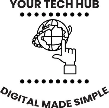 A hand pointing at a globe with the words "Your Tech Hub" below it Illustrazione stock