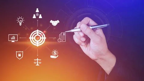 Hand pointing the icon virtual screen of Digital target marketing advertisi.. Stock Photos