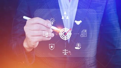 Hand pointing the icon virtual screen of Digital target marketing advertisi.. Stock Photos