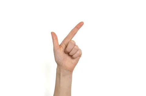 Hand pointing left direction isolated on neutral background Stock Photos