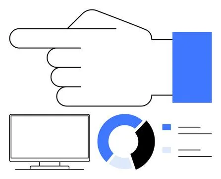 Hand Pointing Left with Pie Chart, Monitor and Text Lines, Ideal for Busine.. Illustrazione stock