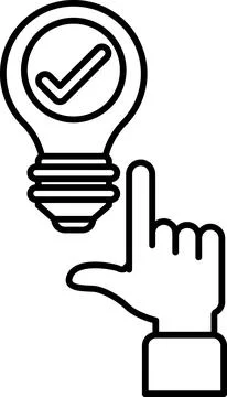 A hand pointing to a light bulb with a check mark on it Illustrazione stock