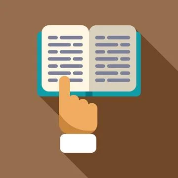 Hand pointing at lines of text in an open book Stock Illustration