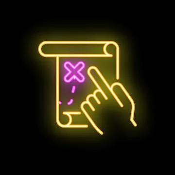 Hand pointing location on treasure map neon sign icon Stock Illustration