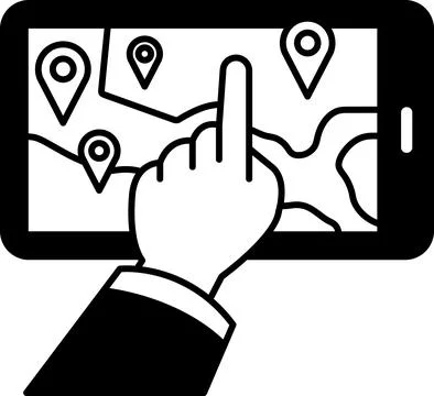 A hand pointing at a map on a phone Stock Illustration