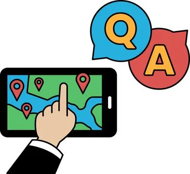 A hand pointing at a map on a tablet with a question mark and an A above it Ilustração Stock